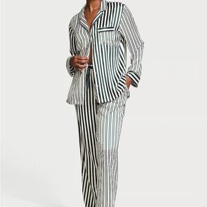 NWT Victorias Secret Satin long sleeve green and white stripe pajama set, Medium